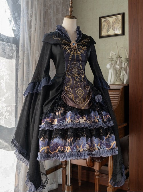 Astrology Cat Series Gothic Lolita Black Cute Gorgeous Constellation Print Halloween Witch Long Sleeve Dress Cape Set