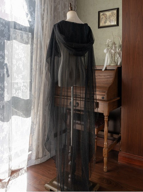 Astrology Cat Series Gothic Lolita Black Cute Gorgeous Constellation Print Halloween Witch Long Sleeve Dress Cape Set
