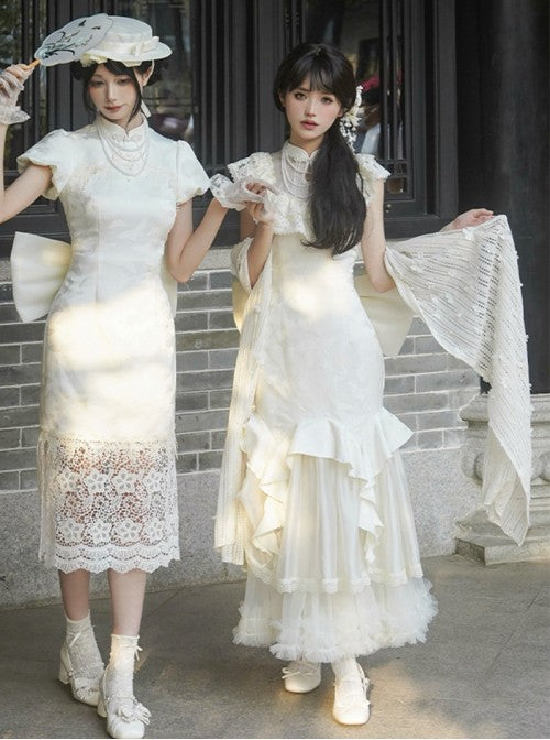 Chinese Style Versatile Elegant Classic Lolita 3D Flower Accents White Lace Cheongsam Shawl